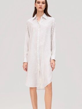 Lilysilk Striped White and Brown Midi Shirt Dress - 100% mulberry silk